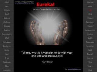 Tell me, what is it you plan to do with your  one wild and precious life? Mary Oliver Life 