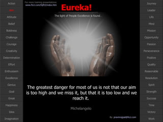 The greatest danger for most of us is not that our aim is too high and we miss it, but that it is too low and we reach it.  Michelangelo  Aim 
