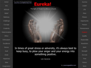 In times of great stress or adversity, it's always best to keep busy, to plow your anger and your energy into something positive. Lee Iacocca Positive 