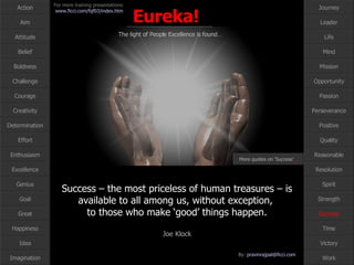 Success – the most priceless of human treasures – is available to all among us, without exception,  to those who make ‘good’ things happen. Joe Klock Success More quotes on ‘Success’ … 