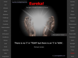 Victory More quotes on ‘Victory’ … There is no ‘I’ in ‘TEAM’ but there is an ‘I’ in ‘WIN’.   Michael Jordan 