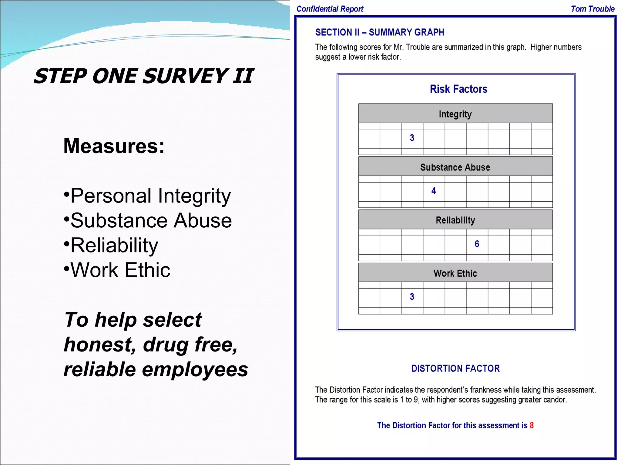 STEP ONE SURVEY II Measures: Personal Integrity Substance Abuse Reliability Work Ethic To help select honest, drug free, reliable employees 