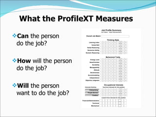 Can  the person do the job? How  will the person do the job? Will  the person want to do the job? What the ProfileXT Measures 