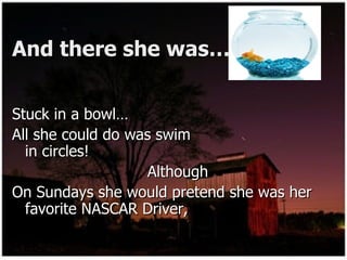 And there she was… Stuck in a bowl… All she could do was swim  in circles!  Although On Sundays she would pretend she was her favorite NASCAR Driver,  
