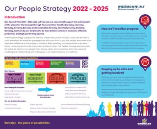 Our People Strategy 2022 - 2025
Barnsley - the place of possibilities
Introduction
Our Council Plan 2021 – 2024 sets out how we as a council will support the achievement
of the vision for the borough through four priorities: Healthy Barnsley, Learning
Barnsley, Growing Barnsley and Sustainable Barnsley. Our fnal priority, Enabling
Barnsley, is driven by our ambition to be even better; a modern, inclusive, effcient,
productive and high-performing council.
The People Strategy supports the delivery of both the Council Plan 2021-2024 and Barnsley’s
2030 ambitions. We know the greatest asset the council has is you, our people, who make such
a positive difference to the quality of residents’ lives, enabling our communities to be even
better connected and to help themselves and each other. The People Strategy demonstrates
the value we place on our people, their energy, ideas, and innovation, with many ways of
involving and collaborating with colleagues in its implementation and delivery.
How we’ll monitor progress
We’ll monitor progress and the difference we’re making
through a variety of ways, such as performance measures,
outcomes and fndings from assessments and reviews.
In addition, regular progress reports will be provided to
the Organisation Development Board who will oversee the
delivery of the outcomes outlined within this strategy.
Keeping up to date and
getting involved
We’ll keep you up to date on progress and key actions
will be communicated to you through our engagement
processes, including Sarah’s blog, our weekly newsletter
and the latest news on the intranet.
There are many ways to get involved in providing your
feedback, insight, and ideas through the Let’s Talk sessions
and Talkabouts.
Our Values
Our Design Principles
Active and connected communities
Customer focused
New delivery models
Barnsley - the place of possibilities
We can achieve these
principles by...
Developing our digital skills.
Using data and intelligence.
Embracing Smart Working.
Embedding workforce planning.
Our Key Enabling Strategies
People Strategy
Commercial Strategy
Digital Barnsley
Medium Term Financial Strategy
Response, Recovery and Renewal
CommunicationsandMarketingStrategy
Customer Experience
 