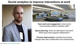 Social analytics to improve interactions at work
Team work and engagement: what are the
communication patterns between staff?
Space planning: where do staff spend most time?
What layout best supports collaboration?
Process improvement: evaluate how process
changes alter team collaboration and cohesiveness.
Source: Humanyze - https://www.humanyze.com, 2017
 