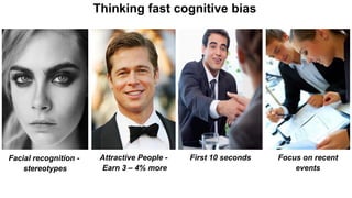 Thinking fast cognitive bias
Facial recognition -
stereotypes
Attractive People -
Earn 3 – 4% more
Focus on recent
events
First 10 seconds
 