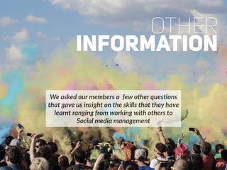Other
Information
We asked our members a few other quesFons
that gave us insight on the skills that they have
learnt ranging from working with others to
Social media management
 