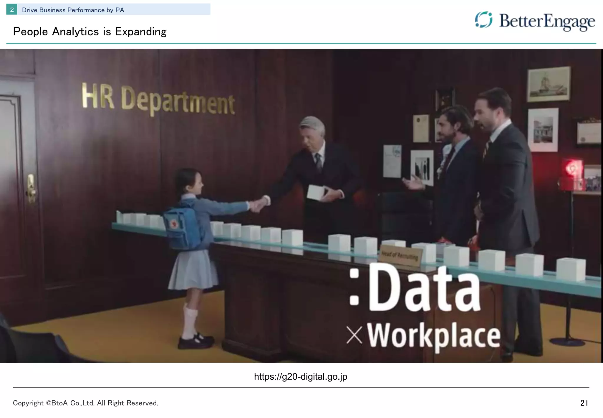 Copyright ©BtoA Co.,Ltd. All Right Reserved. 21
Drive Business Performance by PA２
People Analytics is Expanding
https://g20-digital.go.jp
 