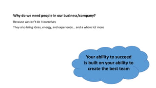 Why do we need people in our business/company?
Because we can’t do it ourselves
They also bring ideas, energy, and experience… and a whole lot more
Your ability to succeed
is built on your ability to
create the best team
 