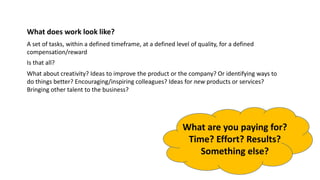 What does work look like?
A set of tasks, within a defined timeframe, at a defined level of quality, for a defined
compensation/reward
Is that all?
What about creativity? Ideas to improve the product or the company? Or identifying ways to
do things better? Encouraging/inspiring colleagues? Ideas for new products or services?
Bringing other talent to the business?
What are you paying for?
Time? Effort? Results?
Something else?
 