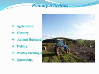  Agriculture
 Forestry
 Animal Husbandry
 Fishing
 Poultry farming and
 Quarrying.
 