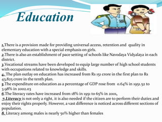 Education
1.There is a provision made for providing universal access, retention and quality in
elementary education with a special emphasis on girls.
2.There is also an establishment of pace setting of schools like Navodaya Vidyalaya in each
district.
3.Vocational streams have been developed to equip large number of high school students
with occupations related to knowledge and skills.
4. The plan outlay on education has increased from Rs 151 crore in the first plan to Rs
43,825 crore in the tenth plan.
5.The expenditure on education as a percentage of GDP rose from 0.64% in 1951.52 to
3.98% in 2002.03
6.The literacy rates have increased from 18% in 1951 to 65% in 2001.
7.Literacy is not only a right, it is also needed if the citizen are to perform their duties and
enjoy their rights properly. However, a vast difference is noticed across different sections of
population.
8. Literacy among males is nearly 50% higher than females
 