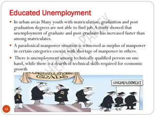 Educated Unemployment
महेंद्र पारीक16
 In urban areas Many youth with matriculation, graduation and post
graduation degrees are not able to find job.A study showed that
unemployment of graduate and post-graduate has increased faster than
among matriculates.
 A paradoxical manpower situation is witnessed as surplus of manpower
in certain categories coexist with shortage of manpower in others.
 There is unemployment among technically qualified person on one
hand, while there is a dearth of technical skills required for economic
growth
 