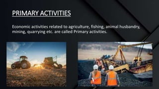 PRIMARY ACTIVITIES
Economic activities related to agriculture, fishing, animal husbandry,
mining, quarrying etc. are called Primary activities.
 