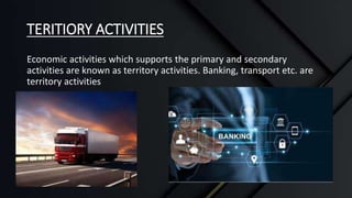 TERITIORY ACTIVITIES
Economic activities which supports the primary and secondary
activities are known as territory activities. Banking, transport etc. are
territory activities
 