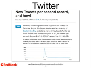 Twitter

https://blog.twitter.com/2013/new-tweets-per-second-record-and-how

11

Most recent numbers from Twitter:
Twitter avg - >500m TPD
Twitter avg - 5,700 TPS
Aug 2nd had a 143k TPS record (>28x the average) - no blip to service

 