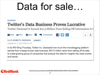 Data for sale…

http://online.wsj.com/news/articles/SB10001424052702304441404579118531954483974

12
Twitter in its IPO ﬁlings disclosed it is making $47.5m from selling access to its data

 