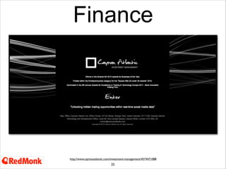 Automotive

http://www.magazine.pamplin.vt.edu/fall12/vehicledefects.html

25
Social Media monitoring tool developed by Pamplin College of Business
Initial version worked from automotive fora and blogs, now expanding to take in Twitter and Facebook
“Robust” way to discover and classify vehicle defects from social media posts across multiple automotive brands
Faster than reporting back up through the dealer chain

 