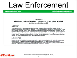 Finance

http://arxiv.org/PS_cache/arxiv/pdf/1010/1010.3003v1.pdf

26
Academic paper from University of Manchester and Indiana University shows that Twitter can predict the Dow Jones Industrial Average with 87.6%
accuracy

 