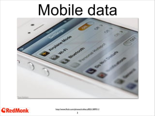 Mobile data

http://www.ﬂickr.com/photos/traftery/8551389911/

3
Mobile phones with GPS, accelerometers, compass, M7, barometers, moisture, etc

 