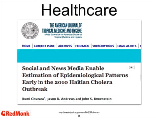 Healthcare

http://www.google.org/ﬂutrends/intl/en_us/

33
Google use frequency of certain search terms as a way to estimate ﬂu activity
Also have one for Dengue Fever
Search data is increasingly mobile

 