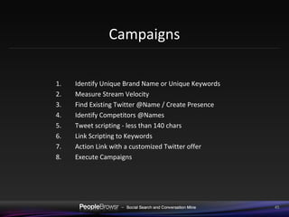 Campaigns Identify Unique Brand Name or Unique Keywords Measure Stream Velocity Find Existing Twitter @Name / Create Presence Identify Competitors @Names Tweet scripting - less than 140 chars Link Scripting to Keywords Action Link with a customized Twitter offer Execute Campaigns 