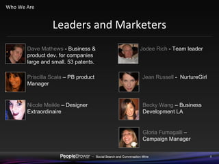 Leaders and Marketers Who We Are Dave Mathews  - Business & product dev. for companies large and small. 53 patents. Priscilla Scala  – PB product Manager Nicole Meikle  – Designer Extraordinaire Jodee Rich  - Team leader Jean Russell  -  NurtureGirl Becky Wang  – Business Development LA Gloria Fumagalli  – Campaign Manager 