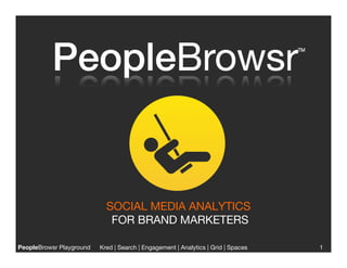 SOCIAL MEDIA ANALYTICS
                              FOR BRAND MARKETERS

PeopleBrowsr Playground
   Kred | Search | Engagement | Analytics | Grid | Spaces
                                                                                
   1
 