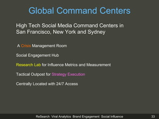 Global Command Centers High Tech Social Media Command Centers in  San Francisco, New York and Sydney   A  Crisis  Management Room Social Engagement Hub Research Lab  for Influence Metrics and Measurement Tactical Outpost for  Strategy Execution Centrally Located with 24/7 Access  