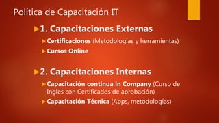 Política de Capacitación IT
1. Capacitaciones Externas
Certificaciones (Metodologías y herramientas)
Cursos Online
2. Capacitaciones Internas
Capacitación continua in Company (Curso de
Ingles con Certificados de aprobación)
Capacitación Técnica (Apps, metodologías)
 