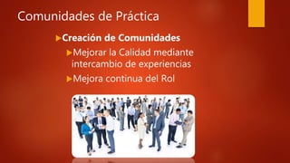 Comunidades de Práctica
Creación de Comunidades
Mejorar la Calidad mediante
intercambio de experiencias
Mejora continua del Rol
 