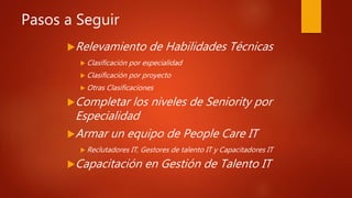 Pasos a Seguir
Relevamiento de Habilidades Técnicas
 Clasificación por especialidad
 Clasificación por proyecto
 Otras Clasificaciones
Completar los niveles de Seniority por
Especialidad
Armar un equipo de People Care IT
 Reclutadores IT, Gestores de talento IT y Capacitadores IT
Capacitación en Gestión de Talento IT
 