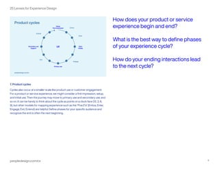 peopledesign.com/cx 8
25 Lenses for Experience Design
7. Product cycles
Cycles also occur at a smaller scale like product use or customer engagement.
For a product or service experience, we might consider a first impression, setup,
and initial use. Then the journey may move to primary use and secondary use, and
so on. It can be handy to think about the cycle as points on a clock face (12, 3, 6,
9), but other models for mapping experience such as the “Five E’s” (Entice, Enter,
Engage, Exit, Extend) are helpful. Define phases for your specific audience and
recognize the end is often the next beginning.
How does your product or service
experience begin and end?
What is the best way to define phases
of your experience cycle?
How do your ending interactions lead
to the next cycle?
 