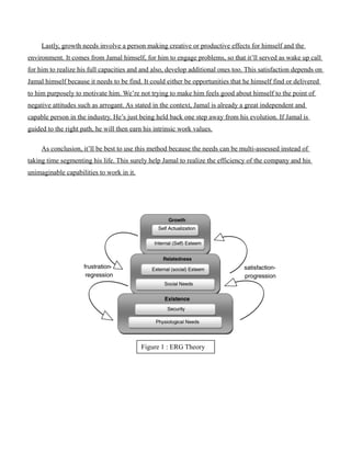 Lastly, growth needs involve a person making creative or productive effects for himself and the
environment. It comes from Jamal himself, for him to engage problems, so that it’ll served as wake up call
for him to realize his full capacities and and also, develop additional ones too. This satisfaction depends on
Jamal himself because it needs to be find. It could either be opportunities that he himself find or delivered
to him purposely to motivate him. We’re not trying to make him feels good about himself to the point of
negative attitudes such as arrogant. As stated in the context, Jamal is already a great independent and
capable person in the industry. He’s just being held back one step away from his evolution. If Jamal is
guided to the right path, he will then earn his intrinsic work values.
As conclusion, it’ll be best to use this method because the needs can be multi-assessed instead of
taking time segmenting his life. This surely help Jamal to realize the efficiency of the company and his
unimaginable capabilities to work in it.
Figure 1 : ERG Theory
 