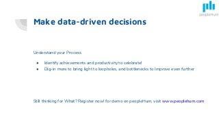 Make data-driven decisions
Understand your Process
● Identify achievements and productivity to celebrate!
● Dig-in more to bring light to loopholes, and bottlenecks to Improve even further
Still thinking for What? Register now! for demo on peopleHum, visit www.peoplehum.com
 