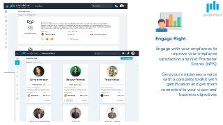 Engage Right
Engage with your employees to
improve your employee
satisfaction and Net Promoter
Scores (NPS)
Give your employees a voice
with a complete toolkit with
gamification and get them
connected to your vision and
business objectives
 