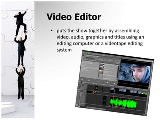 Video Editorputs the show together by assembling video, audio, graphics and titles using an editing computer or a videotape editing system