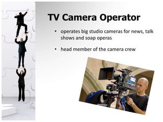 TV Camera Operatoroperates big studio cameras for news, talk shows and soap operashead member of the camera crew