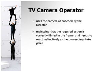 TV Camera Operatoruses the camera as coached by the Directormaintains  that the required action is correctly filmed in the frame, and needs to react instinctively as the proceedings take place