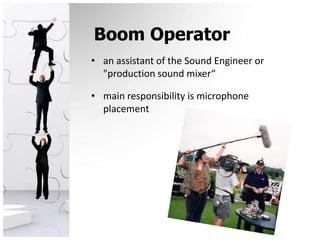 Boom Operatoran assistant of the Sound Engineer or "production sound mixer“main responsibility is microphone placement