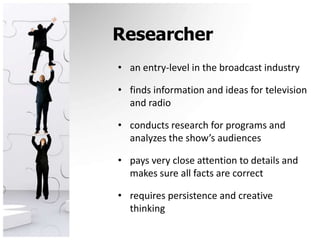 Researcheran entry-level in the broadcast industryfinds information and ideas for television and radioconducts research for programs and analyzes the show’s audiencespays very close attention to details and makes sure all facts are correctrequires persistence and creative thinking