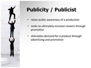 Publicity / Publicistraises public awareness of a production seeks to ultimately increase viewers through promotion stimulates demand for a product through advertising and promotion 