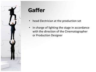Gafferhead Electrician at the production setin charge of lighting the stage in accordance with the direction of the Cinematographer or Production Designer