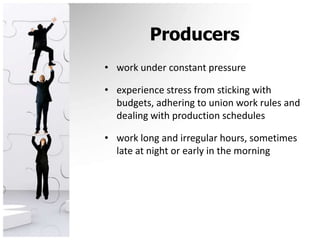 Producerswork under constant pressureexperience stress from sticking with budgets, adhering to union work rules and dealing with production scheduleswork long and irregular hours, sometimes late at night or early in the morning