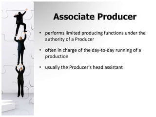 Associate Producerperforms limited producing functions under the authority of a Produceroften in charge of the day-to-day running of a productionusually the Producer's head assistant