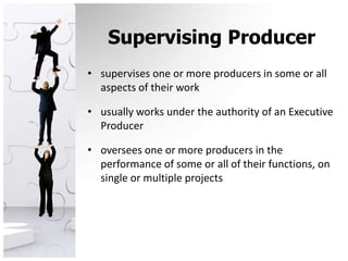 Supervising Producersupervises one or more producers in some or all aspects of their workusually works under the authority of an Executive Produceroversees one or more producers in the performance of some or all of their functions, on single or multiple projects