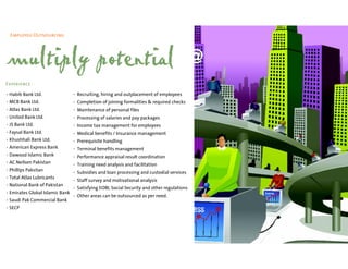 Employee Outsourcing




multiply potential
Experience

• Habib Bank Ltd.                • Recruiting, hiring and outplacement of employees
• MCB Bank Ltd.                  • Completion of joining formalities & required checks
• Atlas Bank Ltd.                • Maintenance of personal files
• United Bank Ltd.               • Processing of salaries and pay packages
• JS Bank Ltd.                   • Income tax management for employees
• Faysal Bank Ltd.               • Medical benefits / Insurance management
• Khushhali Bank Ltd.            • Prerequisite handling
• American Express Bank          • Terminal benefits management
• Dawood Islamic Bank            • Performance appraisal result coordination
• AC Neilsen Pakistan            • Training need analysis and facilitation
• Phillips Paksitan
                                 • Subsidies and loan processing and custodial services
• Total Atlas Lubricants
                                 • Staff survey and motivational analysis
• National Bank of Pakistan
                                 • Satisfying EOBI, Social Security and other regulations
• Emirates Global Islamic Bank
                                 • Other areas can be outsourced as per need.
• Saudi Pak Commercial Bank
• SECP
 