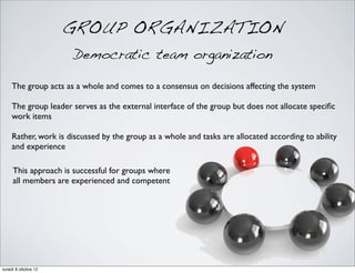 GROUP ORGANIZATION
Democratic team organization
The group acts as a whole and comes to a consensus on decisions affecting ...
