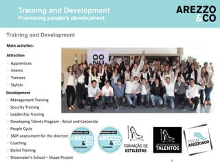 4
Training and Development
Main activities:
Attraction
 Apprentices
 Interns
 Trainees
 Stylists
Development
 Management Training
 Security Training
 Leadership Training
 Developing Talents Program - Retail and Corporate
 People Cycle
 360º assessment for the directors
 Coaching
 Stylist Training
 Shoemaker's School – Shape Project
Training and Development
Promoting people’s development
 